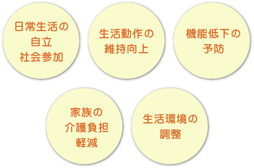 日常生活の自立社会参加　生活動作の維持向上　機能低下の予防　家族の介護負担軽減　生活環境の調整